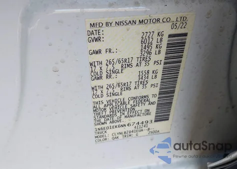 2022 Nissan Frontier Sv 4X4 z USA, uszkodzony, nr VIN 1N6ED1EK6NN674493